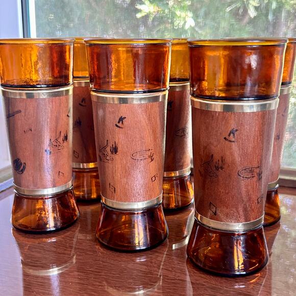 Set of 6 Vintage Siesta Ware Amber Glass Tumblers – Wood Wrap & Gold Trim - Picture 1 of 15